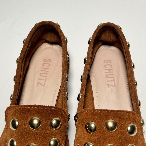 SCHUTZ Laurie Studded Suede Loafers Brown Gold Slip-On Moccasins Casual Shoe 5.5 - Picture 4 of 13